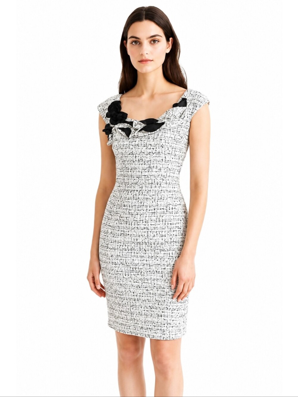 Kay Unger Tweed Sleeveless Floral Appliqué and Ruffle Neckline Sheath Dress